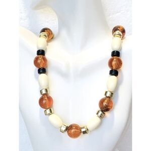 Vintage Amber Glass White Big Beaded Chunky Gold Tone Women’s Necklace 18”